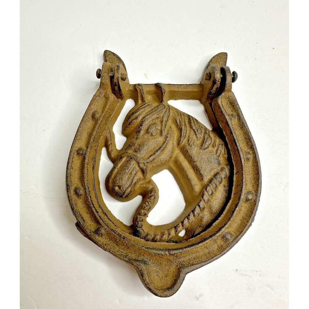 Door Knocker Cast Iron Horse And Horseshoe Good Luck 5.5" Vtg Western Equestrian